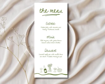 Whimsical Wedding Menu Cards Template | Vintage Wedding Menu | Hand Drawn Wedding Dinner Menu, Greenery Bridal Shower Menu | Edit With Canva