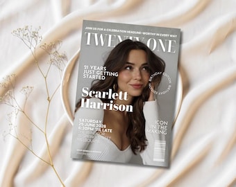 21st Birthday Magazine Invitation Template | Modern Milestone Invite (Canva Editable, Digital Download)