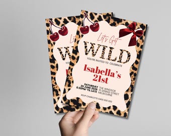 Leopard Print “Let’s Get Wild” Birthday Invitation Template Canva | 21st Birthday Invite | Girls Night Out | Cherry & Animal Print Party