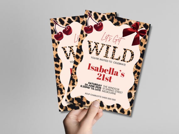 Leopard Print “Let’s Get Wild” Birthday Invitation Template Canva | 21st Birthday Invite | Girls Night Out | Cherry & Animal Print Party