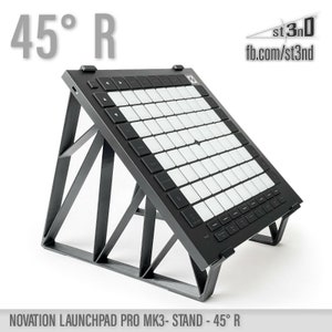 May include: Black metal stand for a Novation Launchpad Pro MK3, angled at 45 degrees to the right. The stand is designed to elevate the Launchpad for a better viewing angle. The text "45° R" is visible in the image.