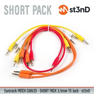 May include: A bundle of colorful Eurorack patch cables. The cables are in various colors, including yellow, white, orange, red, and orange. The text "SHORT PACK" and "st3nD" are visible at the top. The bottom of the image reads "Eurorack PATCH CABLES - SHORT PACK 3.5mm TS Jack - st3nD".