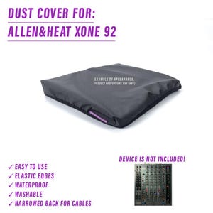Könnte beinhalten: Ein schwarzer Staubschutz für den Allen & Heath Xone 92 Mixer. Die Abdeckung hat elastische Kanten und einen verengten Rücken für Kabel. Sie ist wasserdicht und waschbar.  Beispiel für das Erscheinungsbild. (Produktproportionen können variieren). Gerät ist nicht im Lieferumfang enthalten.