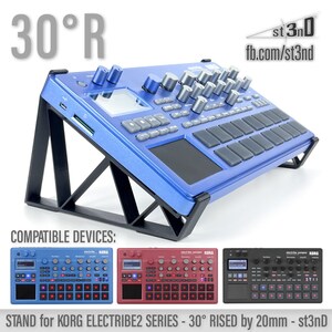 May include: A black stand for a Korg Electribe 2 series sampler. The stand is angled at 30 degrees and raises the sampler by 20 mm. The stand is compatible with blue, red, and black samplers. The stand is labelled "st3nD" and has a website address: fb.com/st3nd.