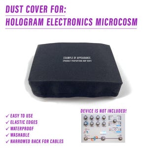 Può includere: Copertura antipolvere nera per il sintetizzatore Hologram Electronics Microcosm. La copertura ha bordi elastici, è impermeabile, lavabile e ha uno schienale stretto per i cavi. "Esempio di aspetto. (Le proporzioni del prodotto possono variare)" è stampato sulla copertura. "Il dispositivo non è incluso!" è stampato sotto l'immagine del sintetizzatore.