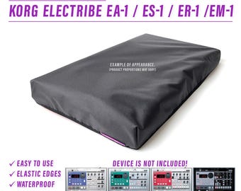 以下が含まれることがあります： Korg Electribe EA-1、ES-1、ER-1、EM-1シンセサイザー用の濃い灰色のダストカバー。カバーは伸縮性のあるエッジがあり、防水性で洗濯可能です。画像には「使いやすい」、「伸縮性のあるエッジ」、「防水」、「洗濯可能」、「ケーブル用の狭い背面」と書かれています。