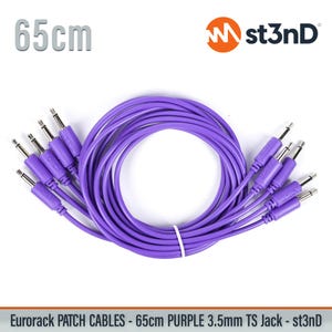 Può includere: Un set di cavi patch Eurorack viola con jack TS da 3,5 mm, lunghi 65 cm. I cavi sono avvolti e fissati con una fascetta bianca. Il logo st3nD e il testo 65cm sono visibili nell'immagine, insieme al nome del prodotto indicato in basso.