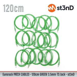 May include: A collection of bright green 120cm (47.2 inches) Eurorack patch cables with 3.5mm TS jacks. The cables are neatly coiled and arranged against a white background. The st3nD logo is visible in the upper right corner.