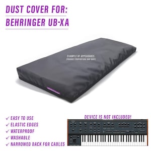 Puede incluir: Funda antipolvo negra para un mezclador Behringer UB-XA. La funda tiene bordes elásticos y es impermeable, lavable y tiene una parte posterior estrecha para cables. El texto "DEVICE IS NOT INCLUDED!" es visible en la imagen.