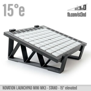 May include: Black stand for a Novation Launchpad Mini MK3, angled at 15 degrees. The stand is made of 3D printed plastic and has a triangular base. The text "15°e" is visible in the top left corner of the image. The text "st3n0 fb.com/st3nd" is visible in the top right corner of the image. The text "NOVATION LAUNCHPAD MINI MK3 - STAND - 15° elevated" is visible at the bottom of the image.