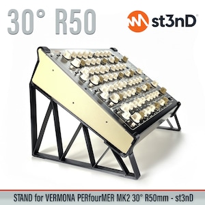 May include: Black metal stand for a Vermona Perfourmer MK2 synthesizer. The stand is angled at 30 degrees and has a 50mm height. The stand is designed to elevate the synthesizer for better visibility and ergonomics. The stand is labeled "st3nD".