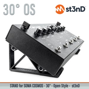 May include: Black stand for a SOMA COSMOS synthesizer, angled at 30 degrees. The stand is made of plastic and has a simple, open design. The stand is labeled "30° OS" and "st3nD".