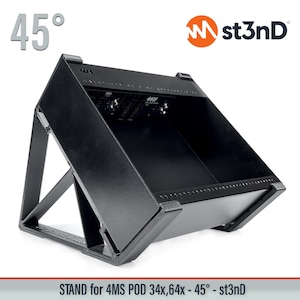 May include: Black metal stand for a 4MS POD 34x,64x module. The stand is angled at 45 degrees. The stand is designed to hold the module at an angle for better visibility. The stand is made by st3nD.