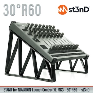 May include: A gray electronic music controller with multiple sliders and knobs, mounted on a black metal stand. The stand is angled at 30 degrees. The text "30°R60" and "st3nD" are visible.
