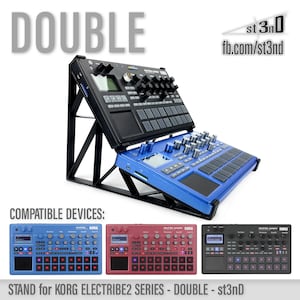 May include: A black metal stand designed to hold two Korg Electribe 2 samplers. The stand is angled to allow for easy access to the controls of both samplers. The stand is labelled "DOUBLE" and "st3nD".