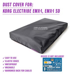 May include: Black dust cover for a Korg Electribe EMX-1 or EMX-1 SD synthesizer. The cover has elastic edges, is waterproof, washable, and has a narrowed back for cables. The text "DEVICE IS NOT INCLUDED!" is visible in the image.