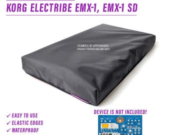 以下が含まれることがあります： コルグ・エレクトライブ EMX-1 または EMX-1 SD シンセサイザー用の黒い防塵カバー。カバーは伸縮性のある縁取りで、防水、洗濯可能、ケーブル用の狭くなった背面があります。画像には「DEVICE IS NOT INCLUDED!」というテキストが表示されています。