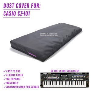 May include: Black dust cover for a Casio CZ-101 keyboard. The cover has elastic edges and a narrowed back for cables. The keyboard is not included.  "EASY TO USE", "ELASTIC EDGES", "WATERPROOF", "WASHABLE", "NARROWED BACK FOR CABLES" are listed as features.