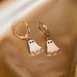 Gold Plated Halloween White and Gold Ghost Huggie Hoop Earrings