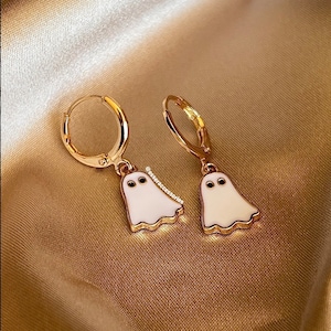 GHOSTIE V1 | Gold Plated Halloween White and Gold Enamel Ghost Huggie Hoop Earrings