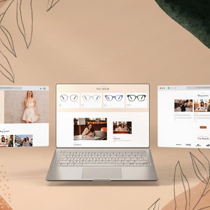 May include: A laptop computer displaying a website for a glasses retailer called "Glasslada". The website features a variety of eyeglasses, blog posts, and information about top brands.