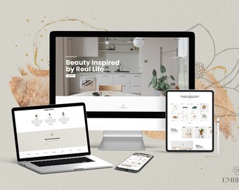 Puede incluir: Una página de inicio de sitio web para una tienda de muebles en línea llamada "Embrasé" con el lema "Beauty Inspired by Real Life". El sitio web se muestra en una computadora de escritorio, una computadora portátil, una tableta y un teléfono inteligente. El sitio web presenta una variedad de artículos de muebles, que incluyen sillas, mesas y lámparas.
