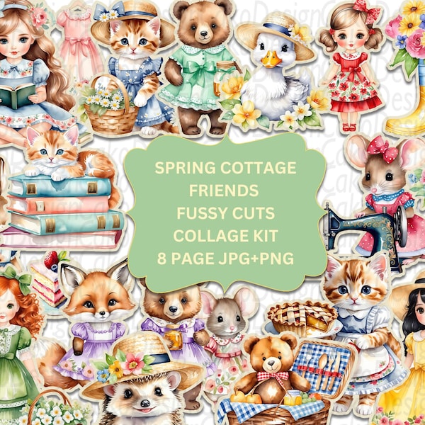 Spring Cottage Friends Fussy Cuts, Junk Journal Kit, Printable Stickers