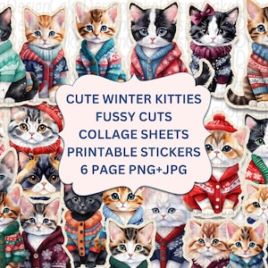 Winter Kitties Collage Fussy Cuts,Printable Stickers,junk journal kit Christmas Printables