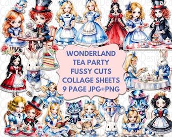 Wunderland Teeparty fussy Schnitten, Alice fussy Schnitten, Tea Time Collage, Junk journal kit, druckbare Aufkleber