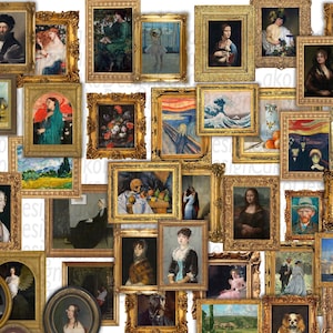 May include: A collage of framed artwork featuring a variety of styles and subjects, including landscapes, portraits, and abstract art. The frames are all gold and have a vintage look.