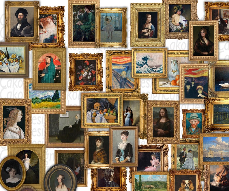 May include: A collage of framed artwork featuring a variety of styles and subjects, including landscapes, portraits, and abstract art. The frames are all gold and have a vintage look.