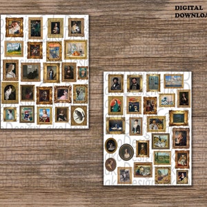 May include: Two sheets of paper with a white background and gold frames containing various images of paintings. The images include portraits, landscapes, and still lifes.