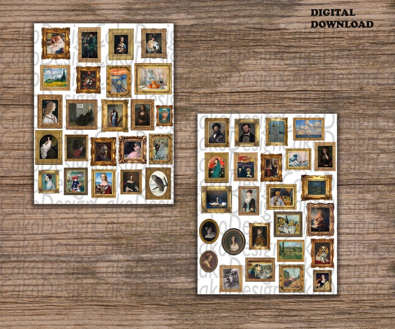 May include: Two sheets of paper with a white background and gold frames containing various images of paintings. The images include portraits, landscapes, and still lifes.