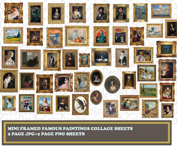 Mini Framed Famous Paintings Collage Sheets, frames junk journal, printable stickers