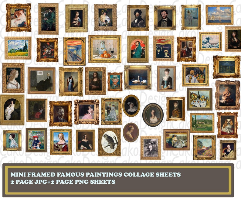 May include: A digital collage sheet featuring miniature framed reproductions of famous paintings. The collage sheet includes a variety of styles and subjects, including portraits, landscapes, and still lifes. The sheet is designed for use in scrapbooking, card making, and other craft projects.