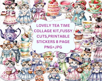 Schöne Teezeit Fussy Schnitte, Katzen Journal Collage Sheets, Teezeit bedruckbare Aufkleber, Katzen Ephemera