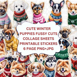 Mignons chiots d'hiver coupes difficiles, kit de journal indésirable, autocollants imprimables Noël