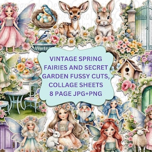 Frühling Feen und geheimen Garten fussy Schnitten, Frühling Ephemera, Junk Journal Kit, bedruckbare Aufkleber