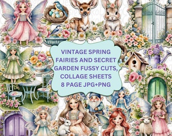 Spring Fairies en Secret Garden Fussy Cuts, Spring Ephemera, Junk Journal Kit, afdrukbare stickers