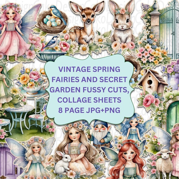 Spring Fairies and Secret Garden Fussy Cuts,Spring Ephemera,Junk Journal Kit, Printable Stickers