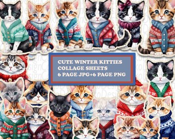 Winter Kitties Collage Fussy Cuts,Printable Stickers,junk journal kit