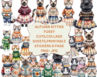 May include: A digital download of 8 printable pages featuring cute autumn kitty illustrations. The kitties are wearing sweaters and skirts with autumnal colours and patterns. The text "AUTUMN KITTIES FUSSY CUTS, COLLAGE SHEETS, PRINTABLE STICKERS 8 PAGE PNG+JPG" is displayed on a banner.