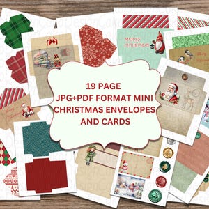May include: A collection of mini Christmas envelopes and cards in various designs, including Santa Claus, snowmen, and festive patterns. The image includes the text "19 PAGE JPG+PDF FORMAT MINI CHRISTMAS ENVELOPES AND CARDS". The envelopes and cards are arranged on a wooden surface.