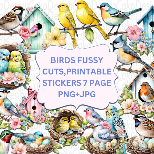 Vögel Fussy Schnitte, Vogel druckbare Aufkleber, Vögel junk Journal Kit