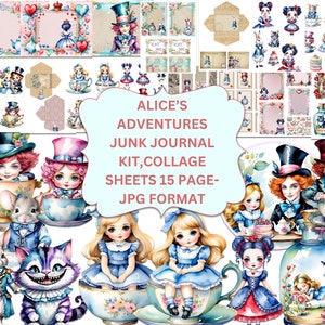 Alice's Adventures Junk Journal Kit,Alice Fussy Cuts,Wonderland Collage Kit