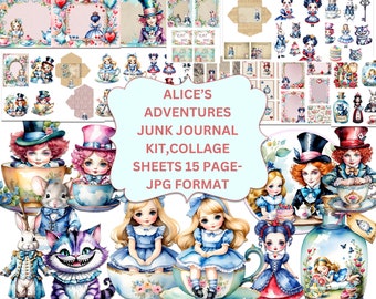 Alice's Adventures Junk Journal Kit, Alice Fussy Cuts, Underlandet Collage Kit