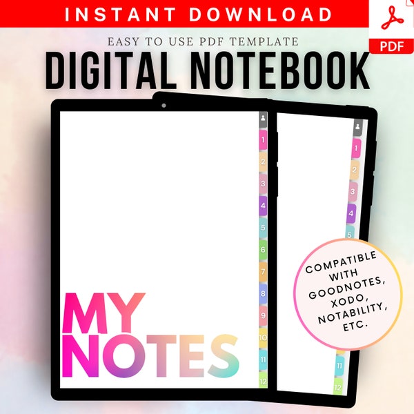 Colorful Digital Notebook : 12 Subject Hyperlinked Digital Notebook with Tabs | Blank Paper Notebook|  GoodNotes Compatible