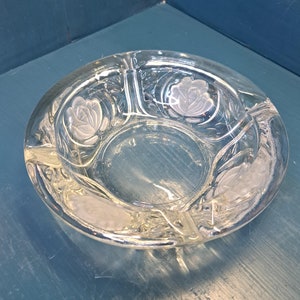 Ashtray, Vintage KIG INDONESIA 6&quot; Clear Heavy Glass 4 Slot Ashtray with Embossed Roses, Floral Ashtray, Rose Ashtray, Collector Gift
