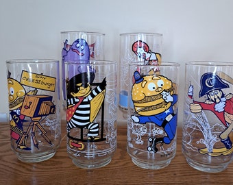 Vintage 1977 Mcdonald&#39;s Action Series, 5.5-in Collectors Glass/Tumbler - Grimace, Mayor McCheese, Hamburglar, Captain Crook, McD Glassware