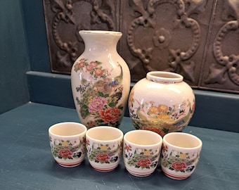 Chinoiserie, Lot of Vase, Saki Tea Cups and Ginger Jar Vase, Bird and Floral Asian Vase Grandmillennial Decor, Vintage Chinoiserie
